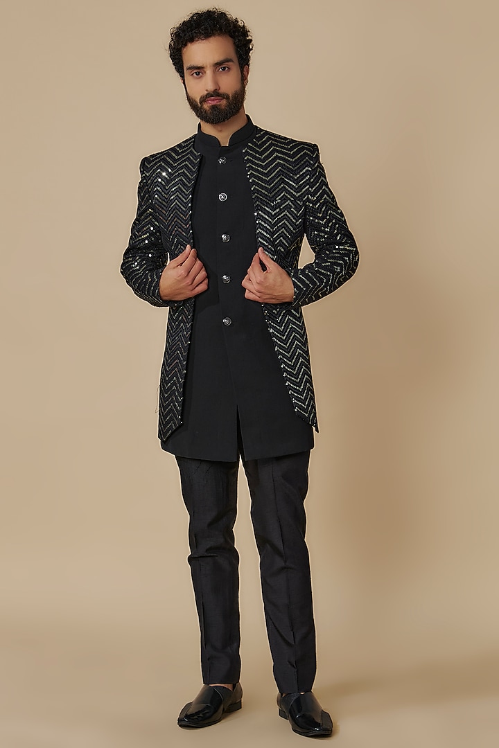 Black Georgette Sequins Embroidered Indo-Western Set by SVEN SUITS at Pernia's Pop Up Shop