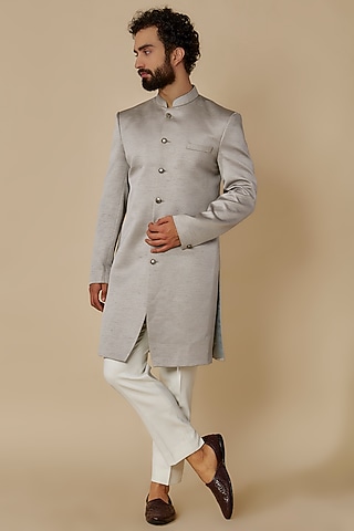 Silver Silk Sherwani Set by SVEN SUITS