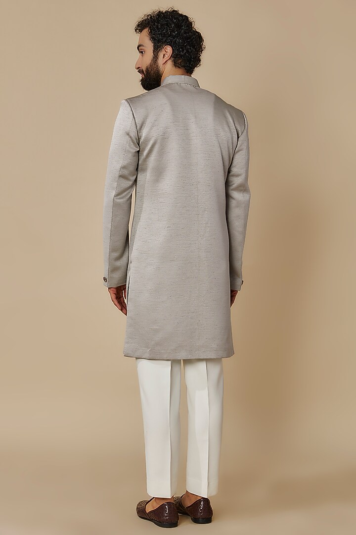 Silver Silk Wedding Sherwani Set by SVEN SUITS at Pernia's Pop Up Shop