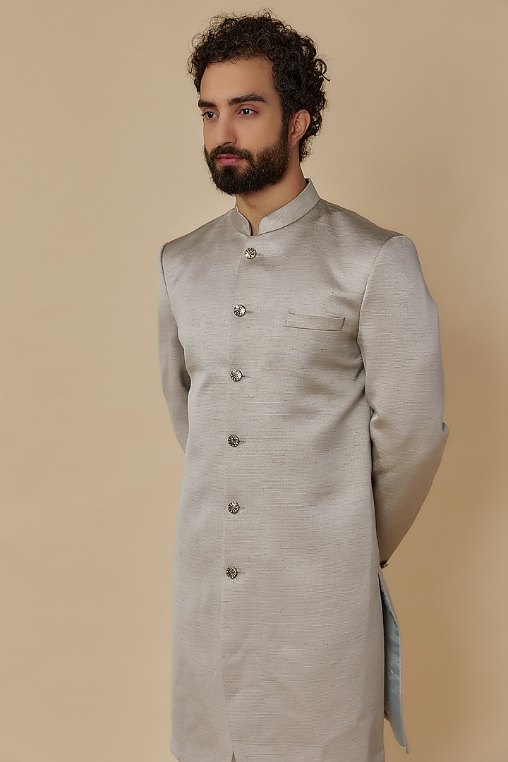 Silver Silk Wedding Sherwani Set by SVEN SUITS at Pernia's Pop Up Shop