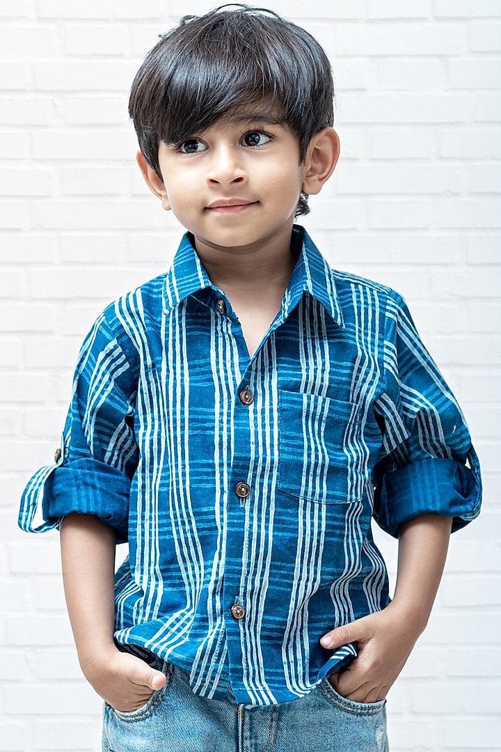 Indigo Dyed Block Printed Shirt For Boys by Miko Lolo