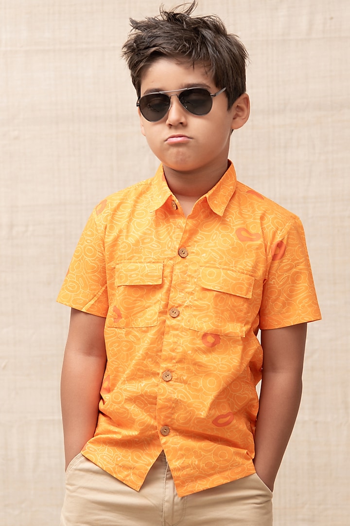 Orange Printed Shirt For Boys by Miko Lolo