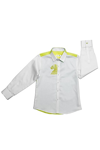 White Cotton Satin Thread Embroidered Shirt For Boys by Partykles
