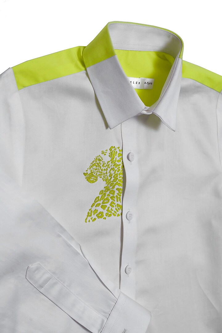 White Cotton Satin Thread Embroidered Shirt For Boys by Partykles at Pernia's Pop Up Shop