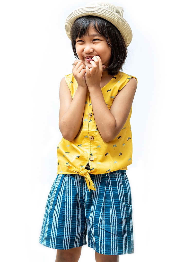 Yellow & Indigo Printed Co-Ord Set For Girls by Miko Lolo