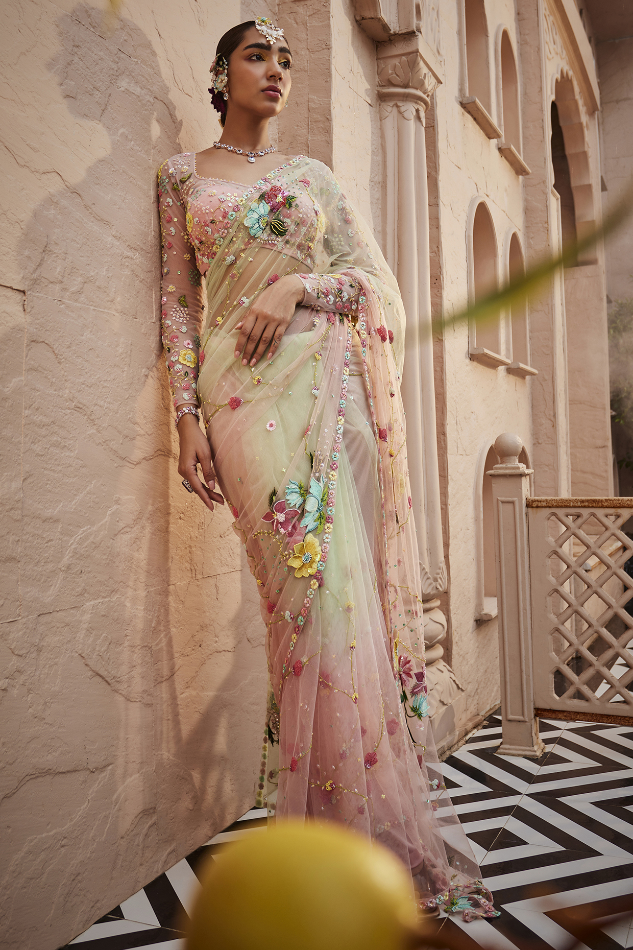 Soft Mint & Pink Net Floral Embroidered Reception Saree Set by Show Shaa at Pernia's Pop Up Shop