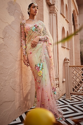 Soft Mint & Pink Net Floral Embroidered Saree Set by Show Shaa
