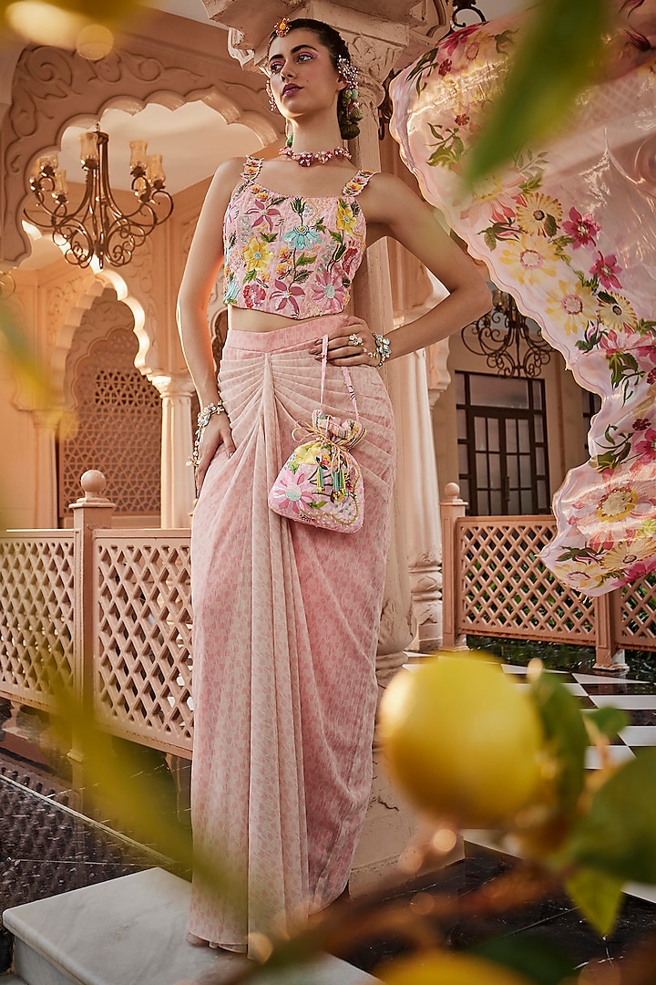 Pink Chiffon Draped Skirt Set by Show Shaa at Pernia's Pop Up Shop