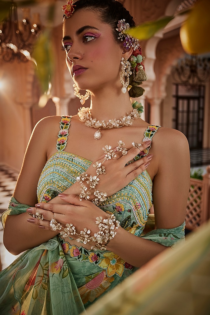 Green Chiffon Pre-Draped Wedding Saree Set by Show Shaa at Pernia's Pop Up Shop