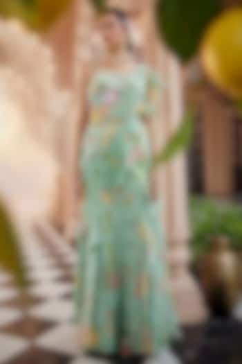 Green Chiffon Pre-Draped Wedding Saree Set by Show Shaa at Pernia's Pop Up Shop