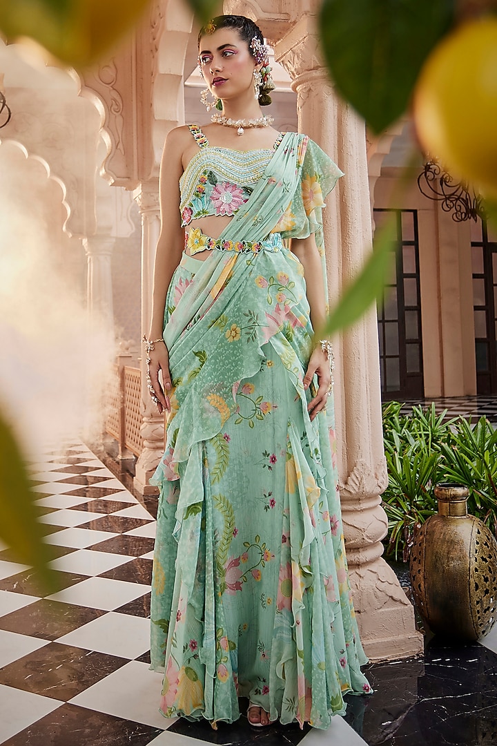 Green Chiffon Pre-Draped Wedding Saree Set by Show Shaa at Pernia's Pop Up Shop