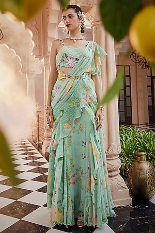Green Chiffon Pre-Draped Saree Set by Show Shaa