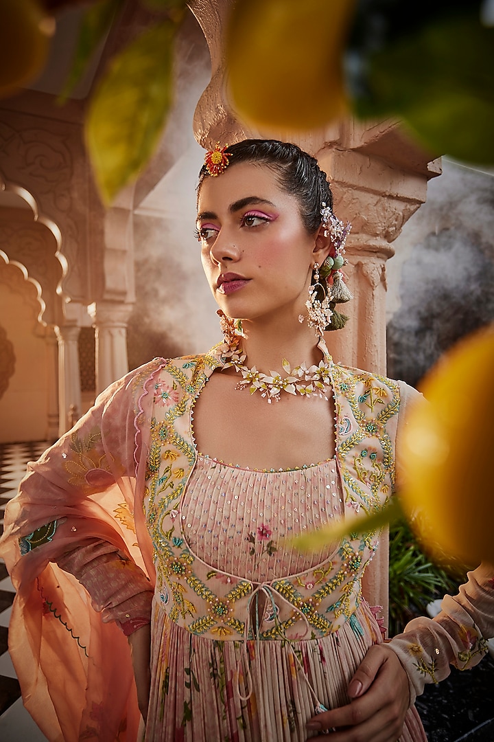 Pink Chiffon Printed & Embroidered Wedding Anarkali Set by Show Shaa at Pernia's Pop Up Shop