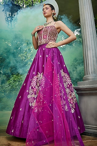 Purple Chanderi Cutwork Hand Embroidered Flared Lehenga Set by Show Shaa