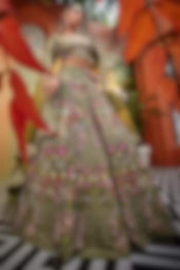 Green Raw Silk Applique Hand Embroidered Bridal lehenga for 22 Lehenga Set by Show Shaa at Pernia's Pop Up Shop