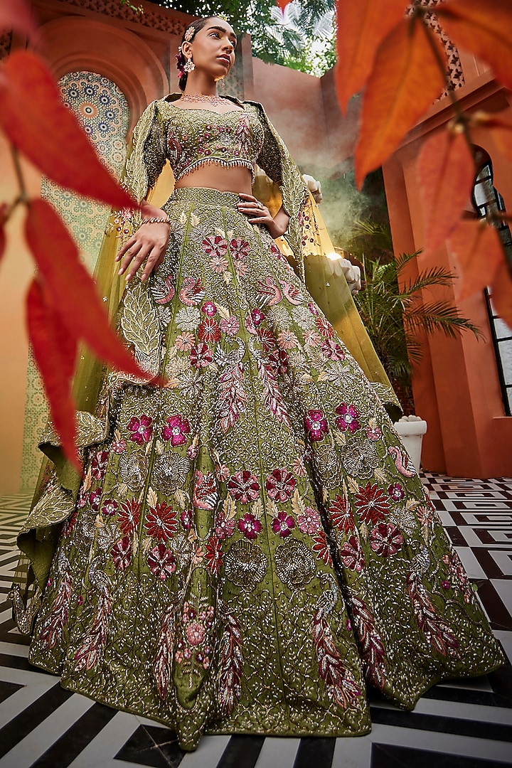 Green Raw Silk Applique Hand Embroidered Bridal lehenga for 22 Lehenga Set by Show Shaa at Pernia's Pop Up Shop