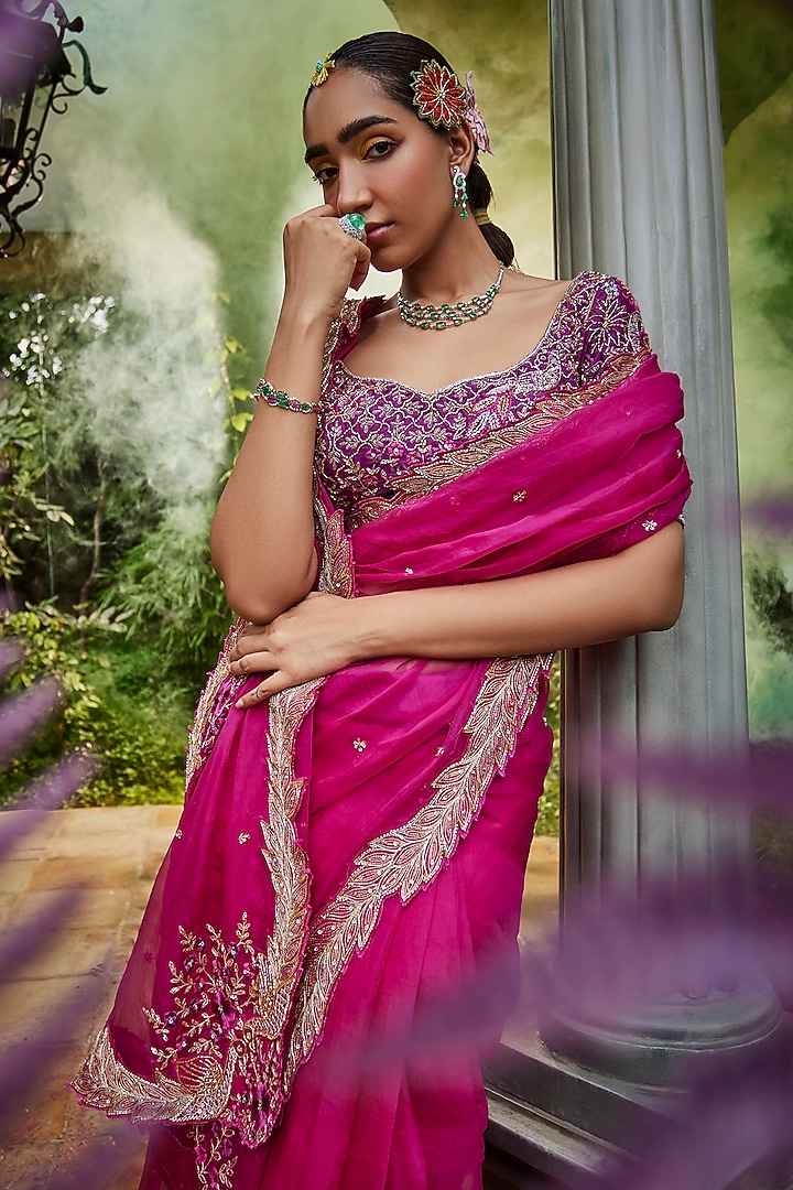 Pink Organza Sequins & Cutdana Embroidered Reception Saree Set by Show Shaa at Pernia's Pop Up Shop