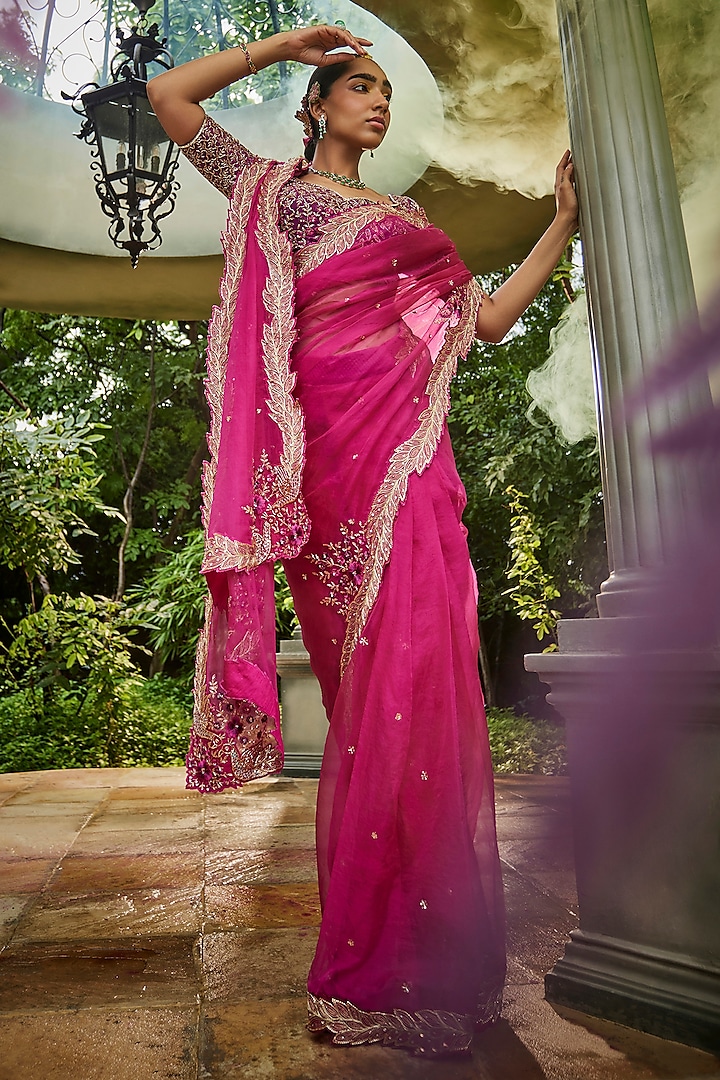 Pink Organza Sequins & Cutdana Embroidered Saree Set by Show Shaa at Pernia's Pop Up Shop