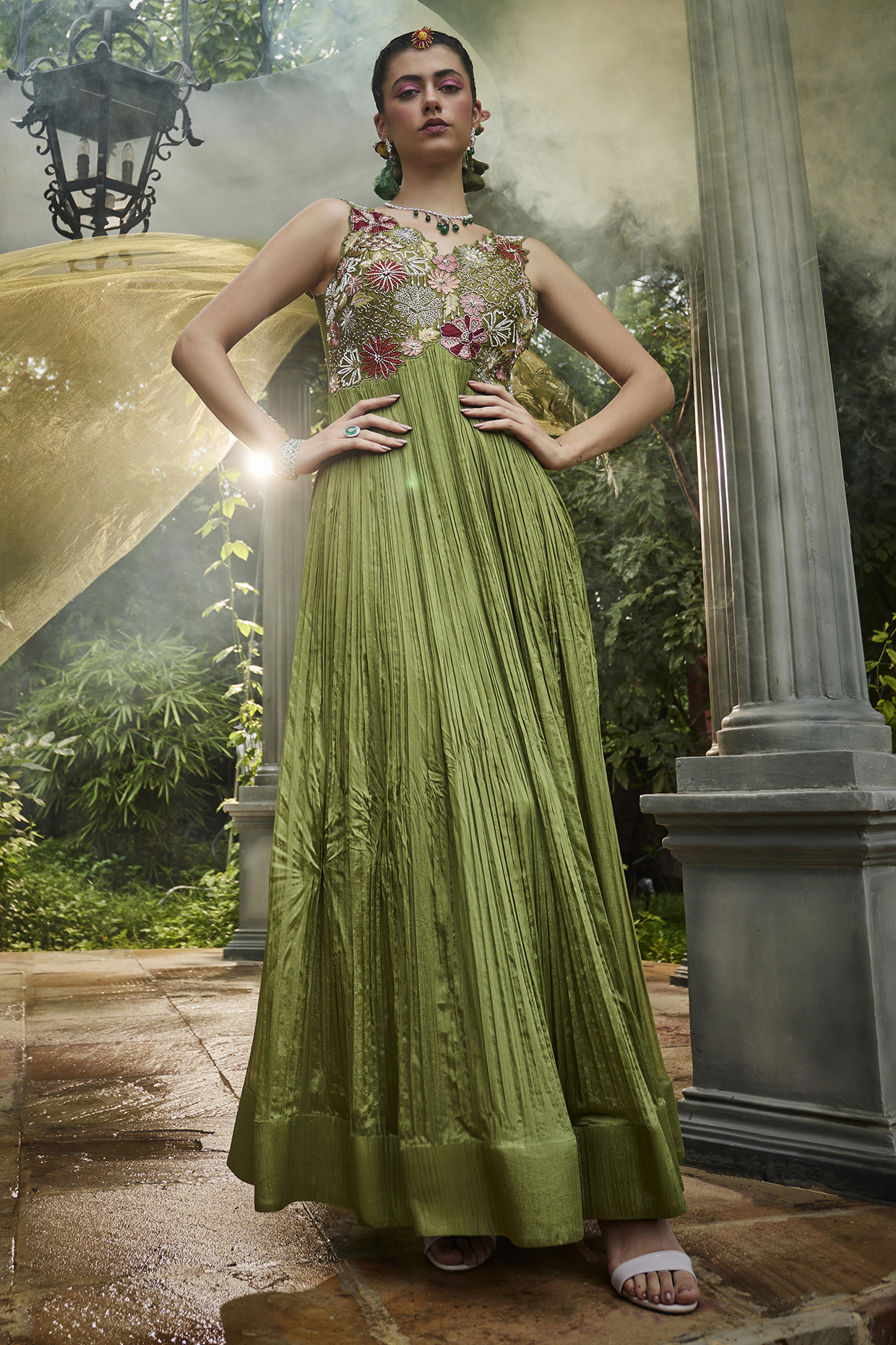 Green Chiffon Cutwork Embroidered Ruched Wedding Anarkali Set by Show Shaa at Pernia's Pop Up Shop