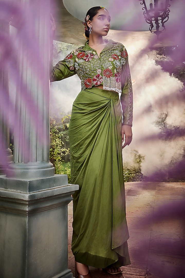 Green Satin Draped Skirt Set by Show Shaa at Pernia's Pop Up Shop