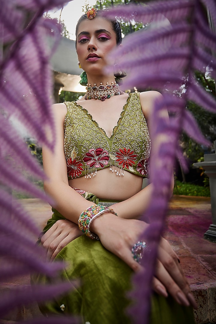 Green Chanderi Flared Pant Set by Show Shaa at Pernia's Pop Up Shop