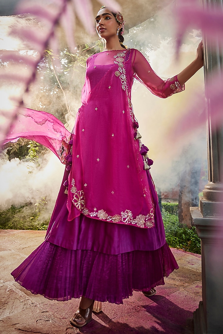 Pink Chanderi & Chiffon Gown With Angrakha Kurta by Show Shaa