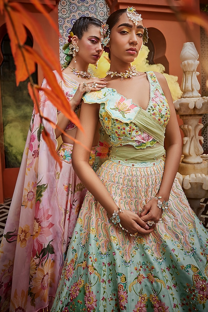 Green Silk Printed & Embroidered Wedding Lehenga Set by Show Shaa at Pernia's Pop Up Shop