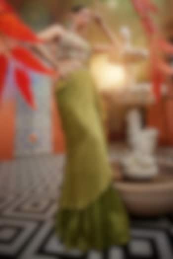 Green Chiffon Cutdana & Resham Embroidered Pre-Draped Wedding Saree Set by Show Shaa at Pernia's Pop Up Shop