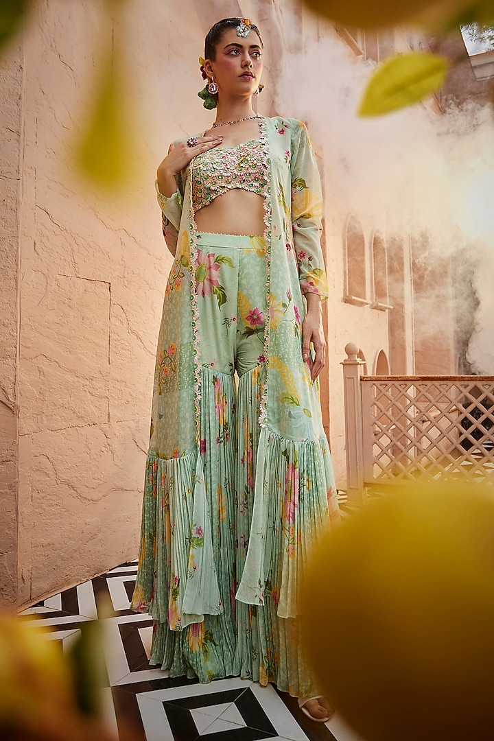 Green Chiffon Printed Gharara Set by Show Shaa at Pernia's Pop Up Shop
