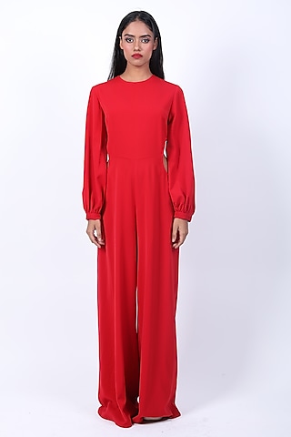 Red Heavy Crepe Jumpsuit by Swatee Singh