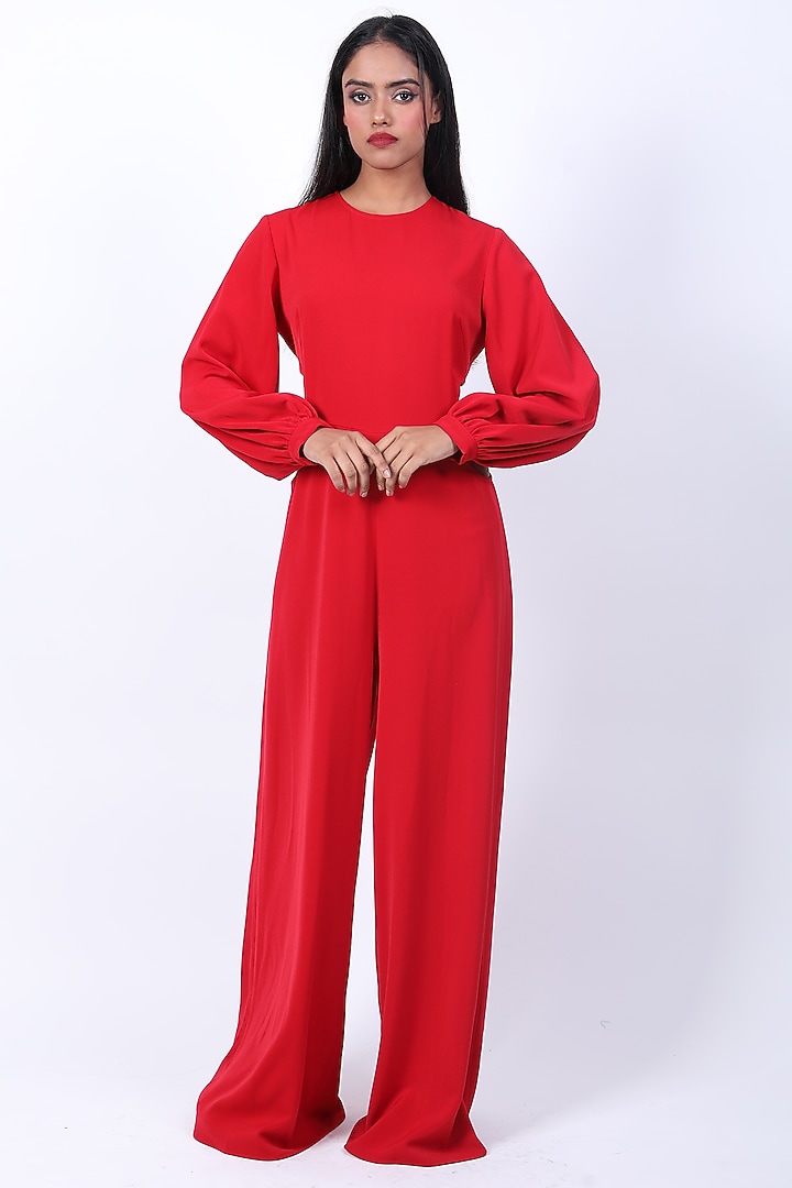 Red Heavy Crepe Jumpsuit by Swatee Singh at Pernia's Pop Up Shop