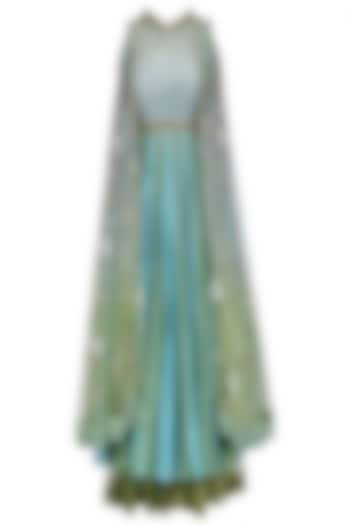 Jade Green and Powder Blue Two Tone Attached Wings Anarkali Set by Shashank Arya