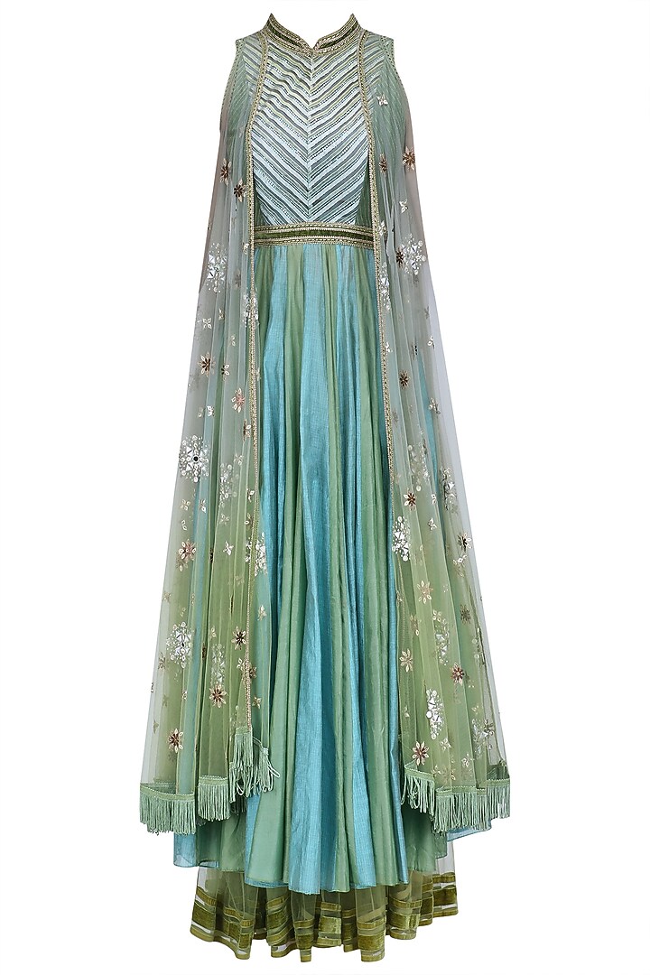 Jade green and powder blue two tone attached wings anarkali set available only at Pernia's Pop Up Shop.