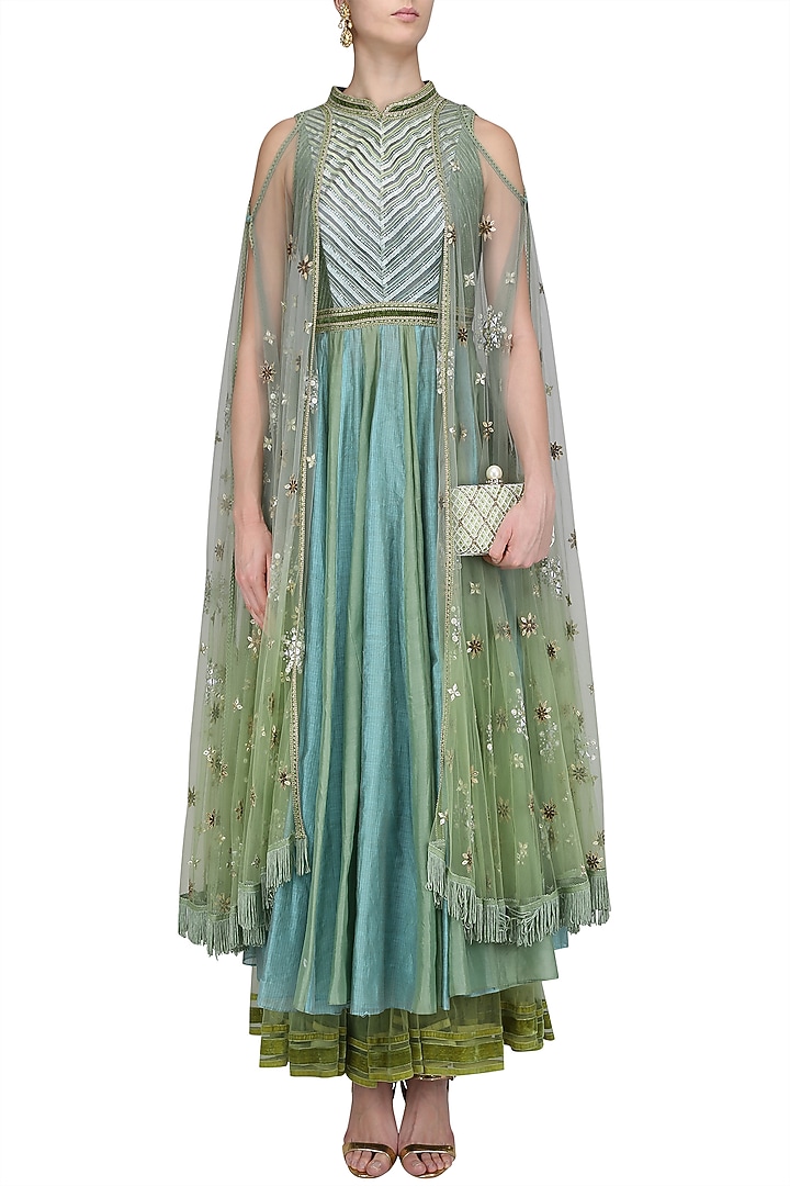 Jade green and powder blue two tone attached wings anarkali set available only at Pernia's Pop Up Shop.