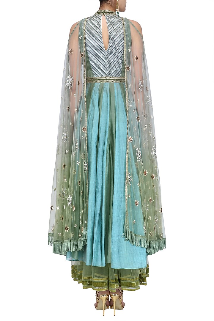 Jade green and powder blue two tone attached wings anarkali set available only at Pernia's Pop Up Shop.