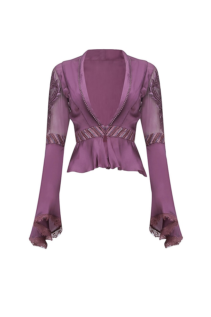 Mauve 3D Floral Embroidered Flared Sleeves Shirt with Grey Drape Pants by Shashank Arya