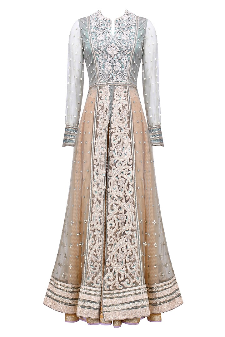 Powder blue 3D resham embroidered front open anarkali with lehega skirt available only at Pernia's Pop Up Shop.