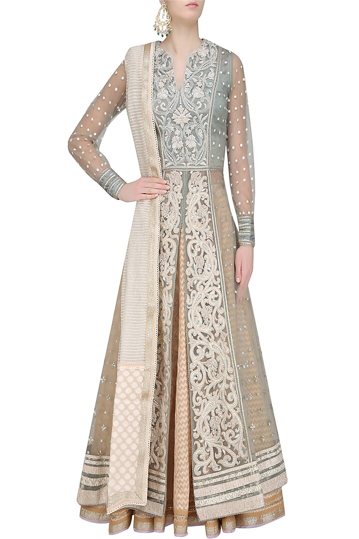 Powder blue 3D resham embroidered front open anarkali with lehega skirt available only at Pernia's Pop Up Shop.