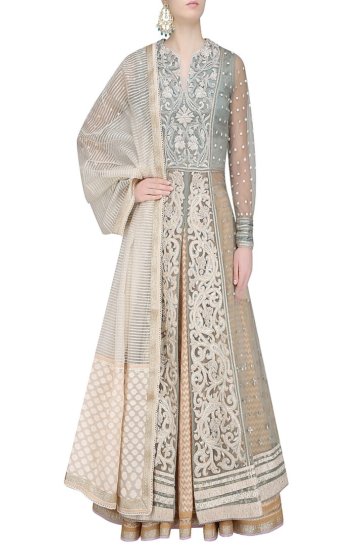 Powder blue 3D resham embroidered front open anarkali with lehega skirt available only at Pernia's Pop Up Shop.