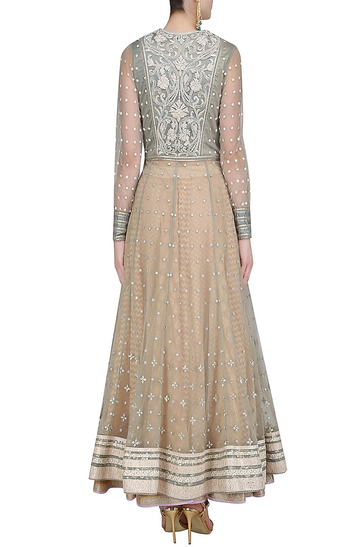 Powder blue 3D resham embroidered front open anarkali with lehega skirt available only at Pernia's Pop Up Shop.