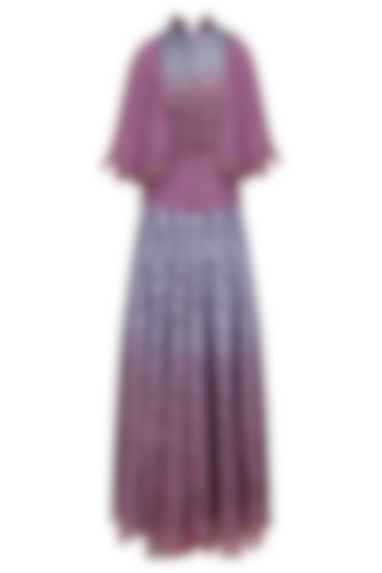 Blue and Mauve Ombre Skirt and Textured Cape Shirt Set by Shashank Arya