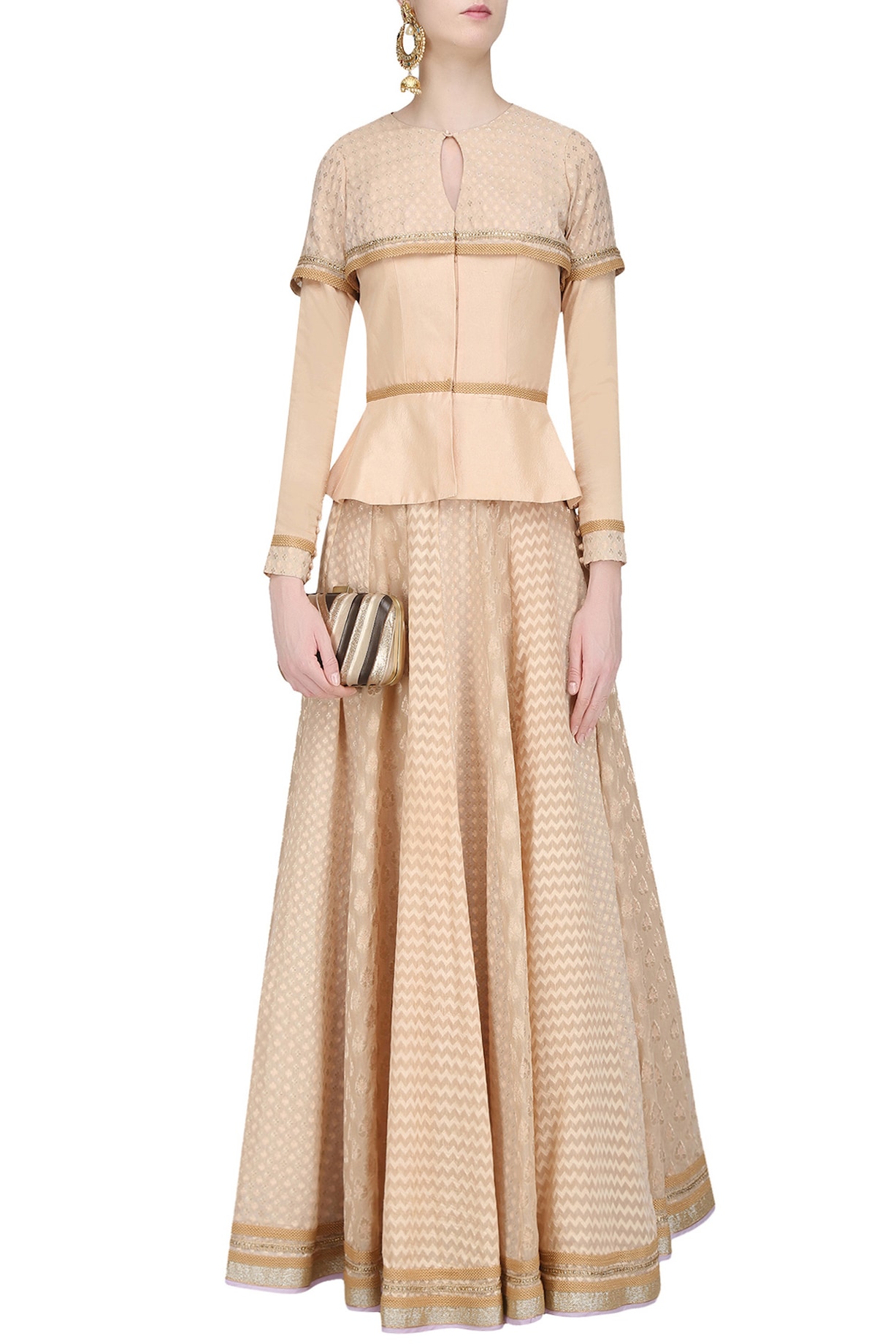 Beige chanderi brocade peplum top and lehenga skirt set available only at  Pernia's Pop Up