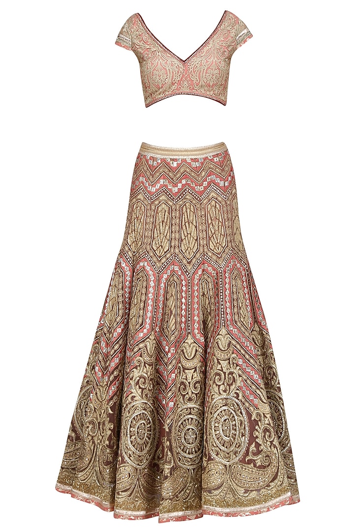 Peach and gold tissue, dabka and gota patti embroidered lehenga set available only at Pernia's Pop Up Shop.