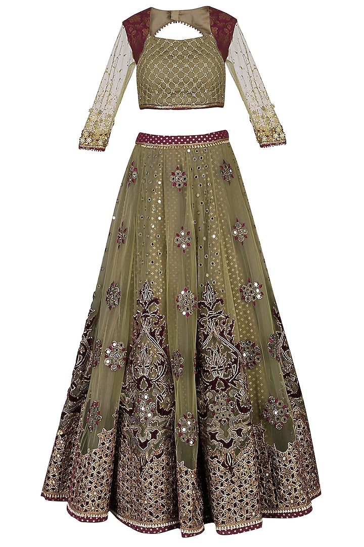 Olive green lehenga set available only at Pernia's Pop Up Shop. 2024