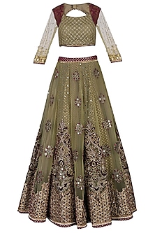 Olive green lehenga set available only at Pernia's Pop Up Shop. 2023