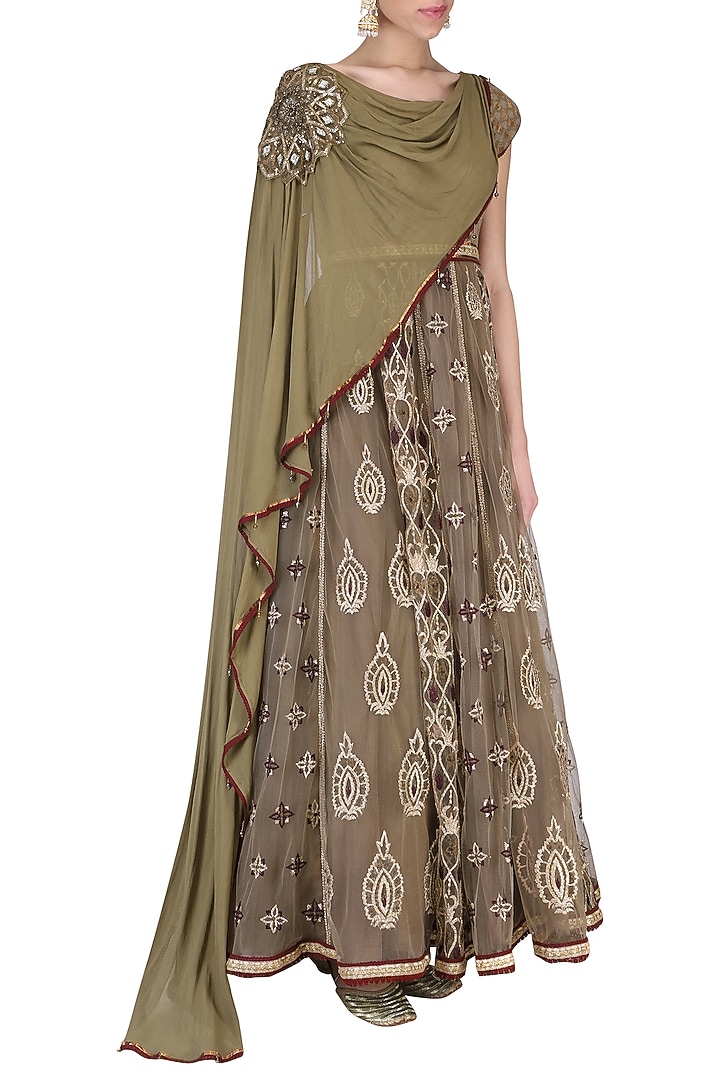 Olive green anarkali set available only at Pernia's Pop Up Shop.
