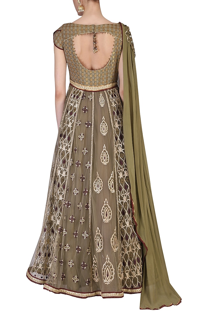 Olive green anarkali set available only at Pernia's Pop Up Shop.