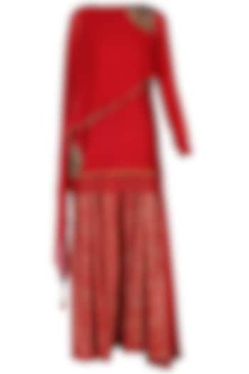 Red Embroidered Kurta with Pants by Shashank Arya