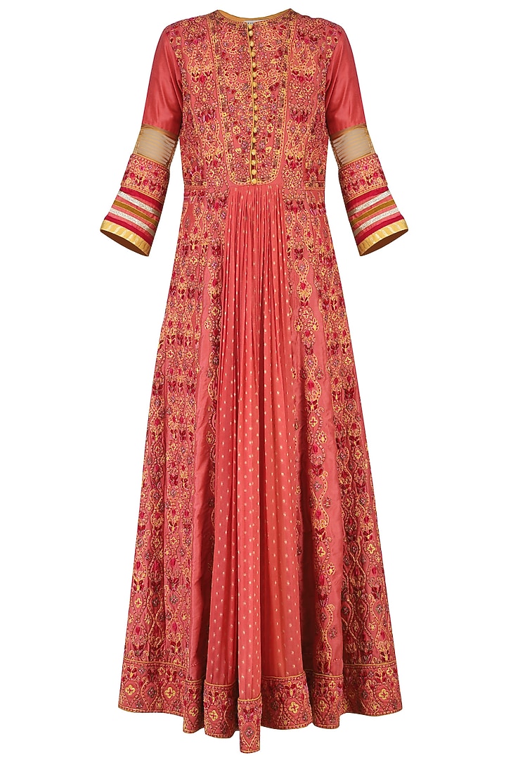 Coral embroidered anarkali set available only at Pernia's Pop Up Shop.