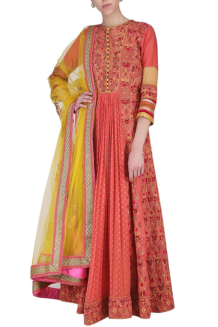Coral embroidered anarkali set available only at Pernia's Pop Up Shop.